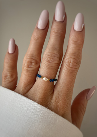 Pierścionek elastyczny lapis lazuli perła naturalna