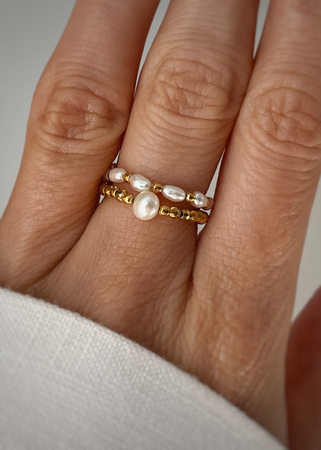 Set of Three Elastic Natural Stone Rings - Champagne Cubic Zirconia and Rhodonite