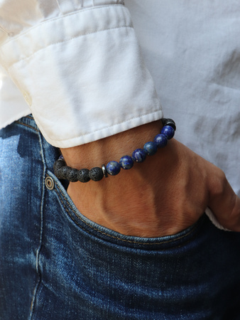 Męska bransoletka – lapis lazuli, lawa wulkaniczna, hematyt