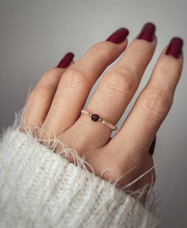 Pierścionek Elastyczny Kamienie Naturalne Granat Cyrkonia Szampańska