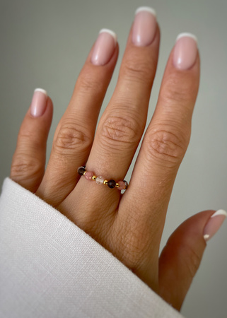 Pierścionek elastyczny kwarc dymny, kryształ górski, rodochrozyt - miłość, ochrona, spokój, oczyszczenie