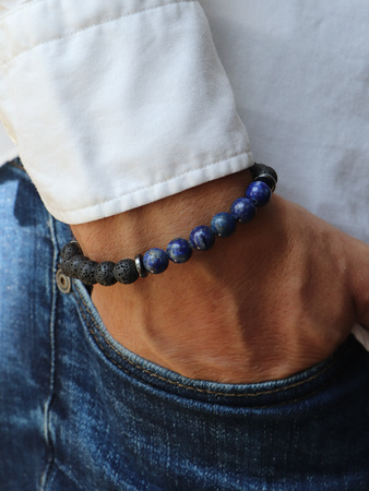 Męska bransoletka – lapis lazuli, lawa wulkaniczna, hematyt