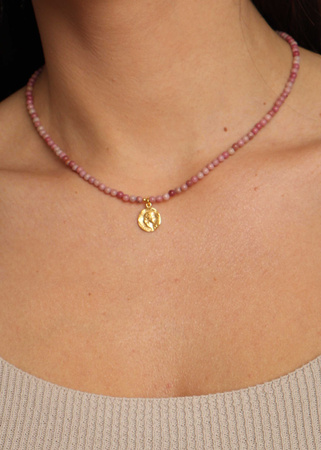 Naszyjnik z kamieni naturalnych Rodonit kulka 3mm pozłacany z zawieszką