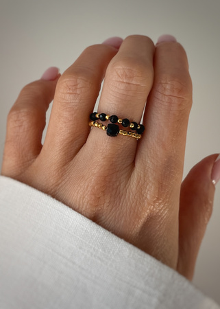 Set of Three Elastic Natural Stone Rings - Champagne Cubic Zirconia and Rhodonite