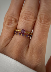 Set of Three Elastic Natural Stone Rings - Champagne Cubic Zirconia and Rhodonite