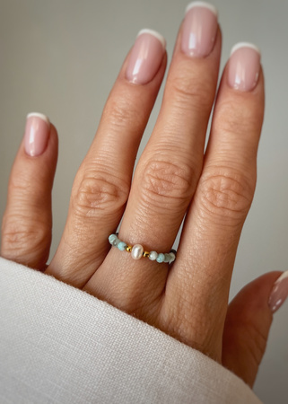 Pierścionek elastyczny larimar perła naturalna