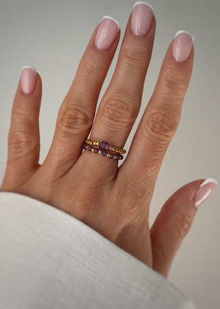 Set of Three Elastic Natural Stone Rings - Champagne Cubic Zirconia and Rhodonite