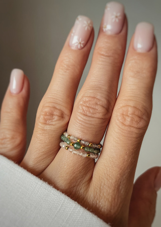 Set of Three Elastic Natural Stone Rings - Champagne Cubic Zirconia and Rhodonite