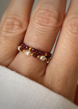 Set of Three Elastic Natural Stone Rings - Champagne Cubic Zirconia and Rhodonite