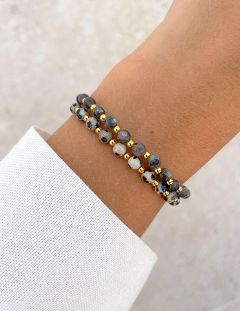 Bransoletki na gumce - larvikit, jaspis dalmatyński z hematytem