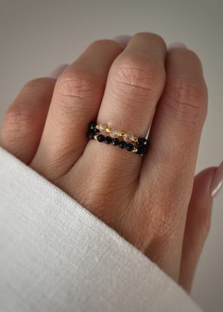 Set of Three Elastic Natural Stone Rings - Champagne Cubic Zirconia and Rhodonite