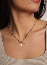 Necklace made of natural stones, Mix Stones, gold-plated Toggle pendant