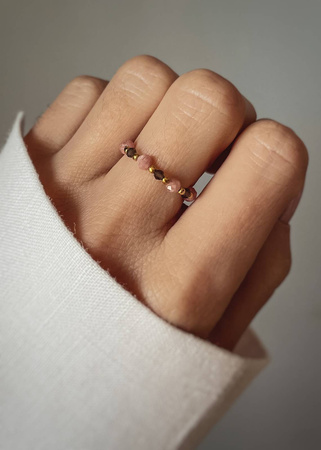 Elastic Ring Natural Stones Amazonite and Pearls Silver Gold Plated