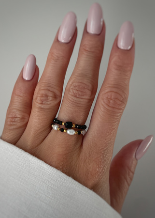 Set of Three Elastic Natural Stone Rings - Champagne Cubic Zirconia and Rhodonite