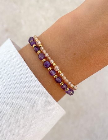 Bransoletki na gumce - cyrkonia szampańska, ametyst z hematytem