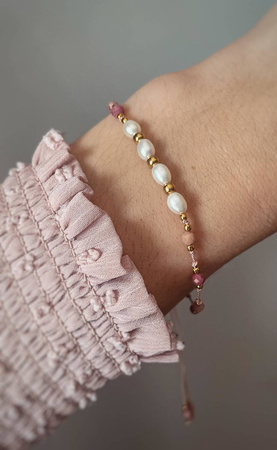 Natural pearl bracelet, natural stones, rhodonite, silk thread
