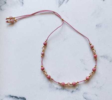 Bracelet natural stones rhodonite cubic zircon champagne silk thread