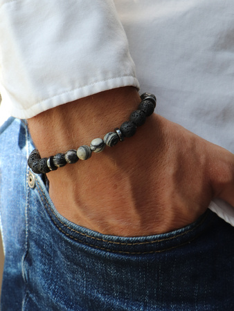 Bransoletka męska - jaspis, lawa wulkaniczna, hematyt