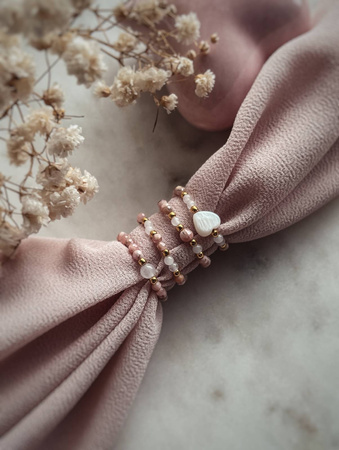 Elastic Ring Natural Stones Rose Quartz, Rhodochrosite, Mother of Pearl