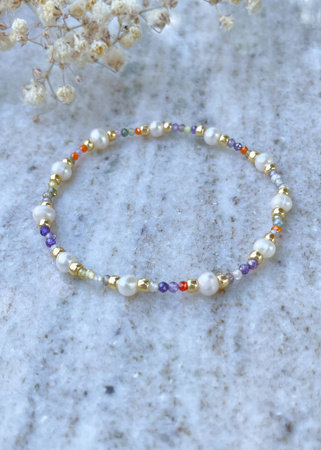 Bransoletka na gumce mix cyrkonii i perła naturalna