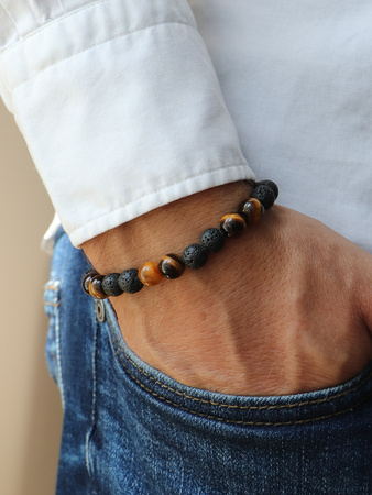 Bransoletka męska - lawa wulkaniczna, tygrysie oko