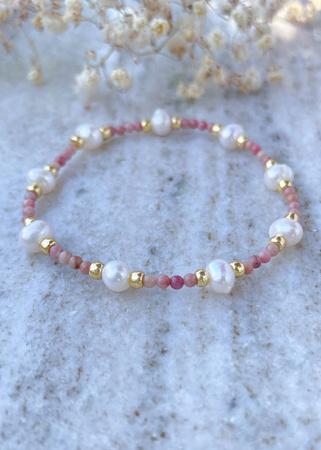 Bransoletka na gumce kamienie naturalne Rodonit i Perła naturalna