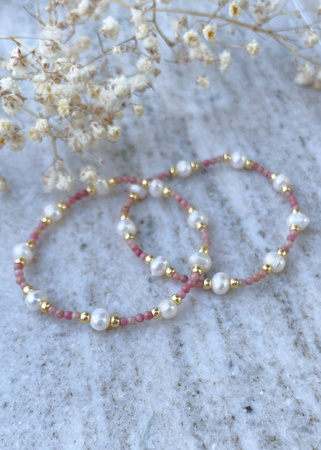 Bransoletka na gumce kamienie naturalne Rodonit i Perła naturalna