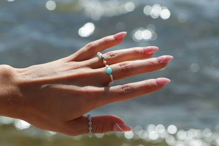 Pierścionek Elastyczny Kamienie Naturalne Amazonit i Perły Srebro Pozłacane