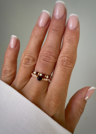 Set of Three Elastic Natural Stone Rings - Champagne Cubic Zirconia and Rhodonite