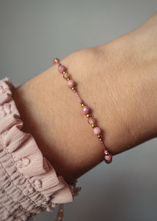 Bracelet natural stones rhodonite cubic zircon champagne silk thread